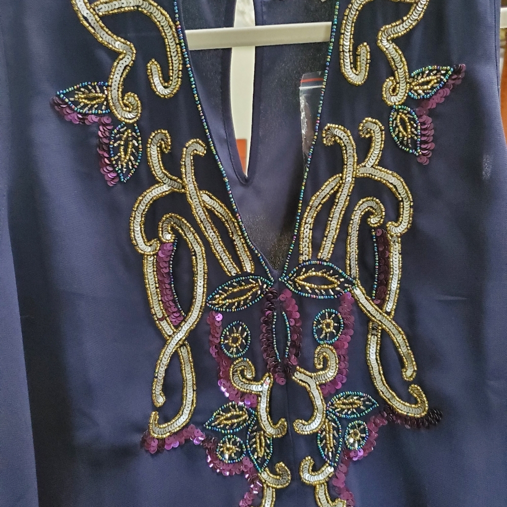 Boston Proper Deep Blue Blouse with Gold and Purple Embellishments